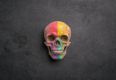 A colorful skull on a dark background.の素材