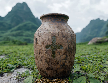 Ancient pottery jar with a cross symbol in a lush green landscape.の素材