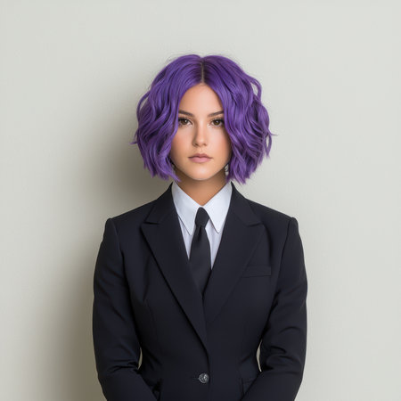 Woman with purple hair in a suit and tie.の素材