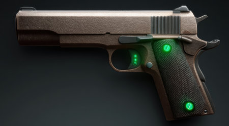 A futuristic bronze pistol with glowing green accents.の素材