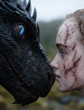 A woman with scars touches noses with a dragon.の素材
