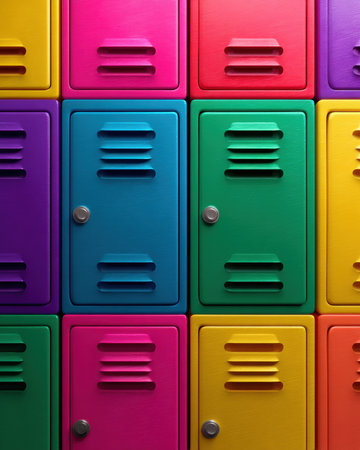 Colorful lockers in a school hallway.の素材