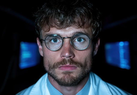A scientist in a lab coat wearing glasses looks intently at the viewer.の素材