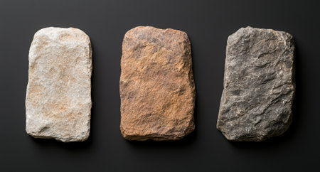 Three rectangular stones of different colors on a dark background.の素材