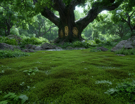 Enchanted forest clearing with moss and glowing symbols on a tree.の素材