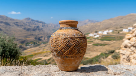 A decorative vase sits on a stone wall overlooking a mountain village.の素材