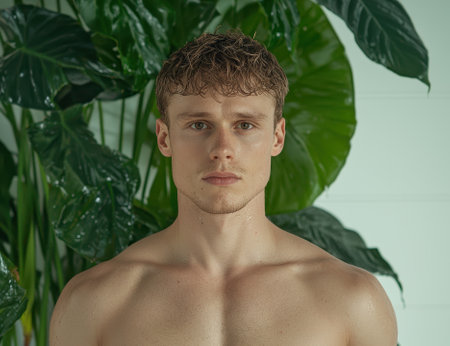 A man poses shirtless in front of lush green plants.の素材
