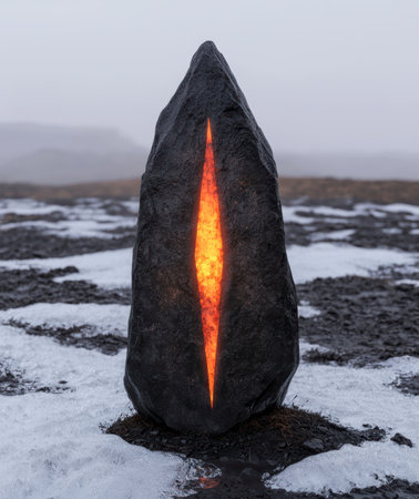 Monolith with glowing core in a snowy landscape.の素材
