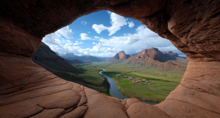 Scenic view of a river valley through a natural rock arch.の素材