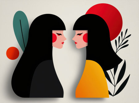 Two women face each other in an abstract illustration.の素材
