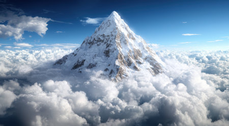 Snow-capped mountain peak rising above a sea of clouds.の素材