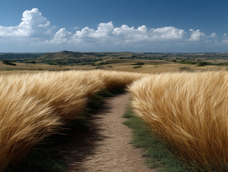 A scenic path through a field of golden wheat under a blue sky.の素材