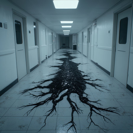 A dark, ominous substance spreads across a hospital hallway floor, creating a disturbing scene.の素材
