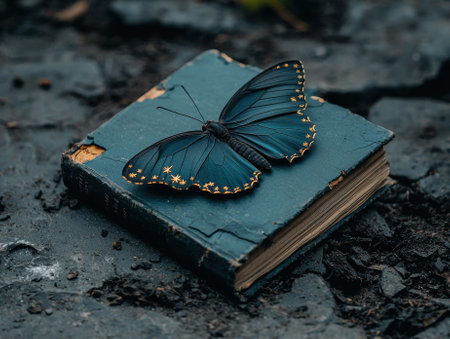 A blue butterfly with gold markings rests on an old, weathered book.の素材