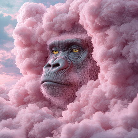 A pink gorilla emerges from a cloud of cotton candy.の素材
