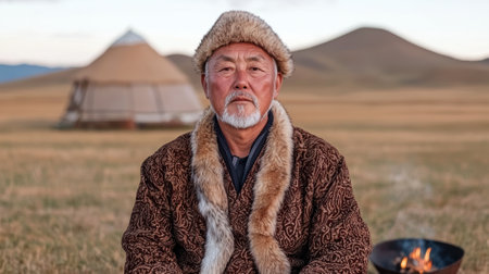 Portrait of a man in traditional Mongolian clothing.の素材