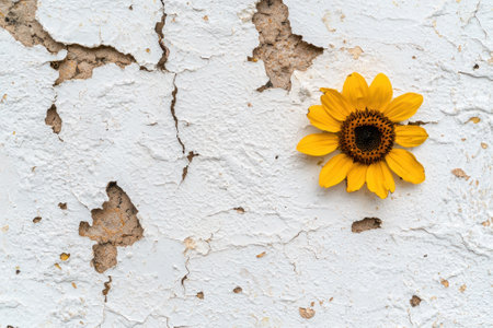 A bright yellow sunflower on a cracked white wall.の素材