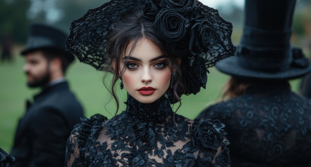Portrait of a woman in a black lace dress and rose hat at an outdoor event.の素材