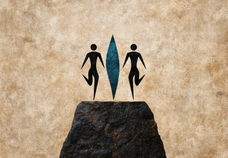 Two figures stand on a precipice with a blue divide, symbolizing choices and challenges.の素材