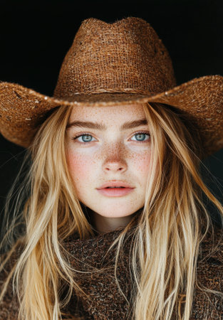 Portrait of a beautiful young woman with freckles wearing a cowboy hat.の素材