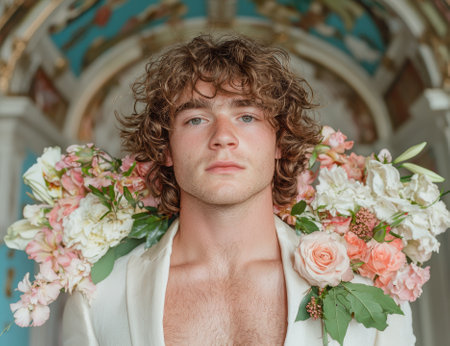 A man in a white suit adorned with flowers.の素材