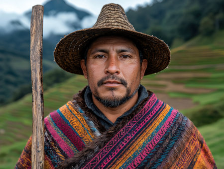 Portrait of an indigenous man in traditional clothing.の素材
