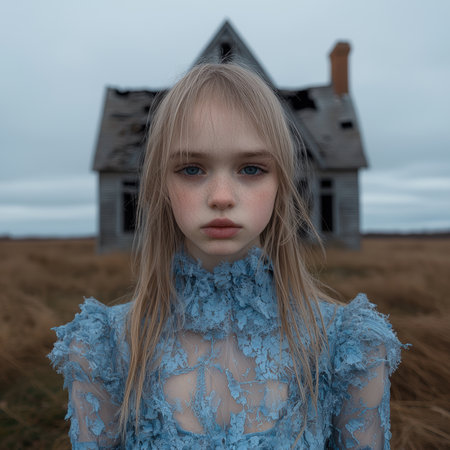 A girl in a blue dress stands in front of a dilapidated house.の素材