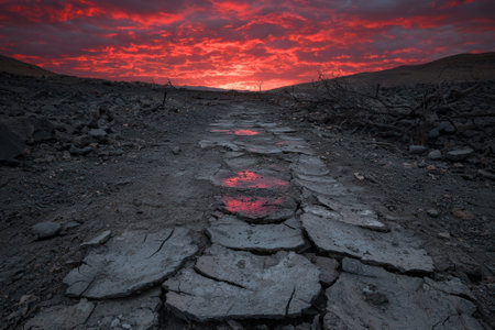 Dramatic landscape with cracked earth and a fiery red sky.の素材