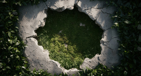 A hole in a stone surface reveals lush green grass and foliage.の素材