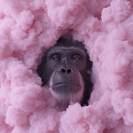 Chimpanzee surrounded by pink fluffy clouds.の素材
