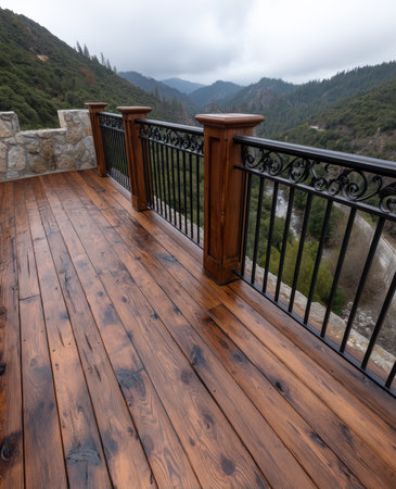 A scenic overlook with a wooden deck and mountain views.の素材