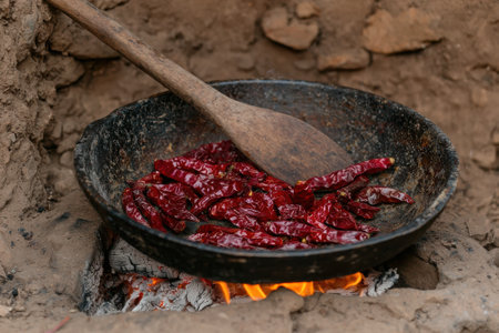Red chili peppers roasting in a pan over an open fire.の素材
