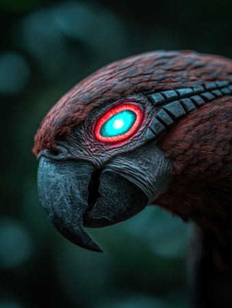 Close-up of a bird with glowing eye.の素材