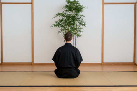 Man in traditional Japanese clothing meditating indoors.の素材