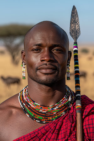Portrait of a Maasai man with traditional jewelry and spear.の素材