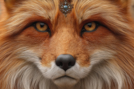 Close-up of a majestic fox face with a jeweled headpiece.の素材