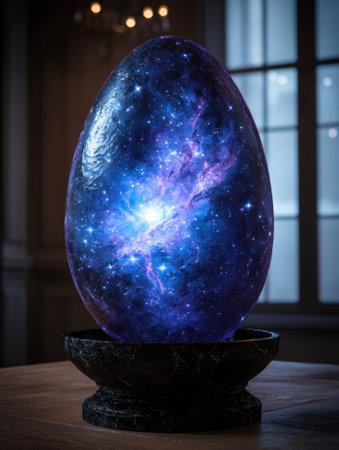 A cosmic egg with a galaxy inside resting on a pedestal.の素材