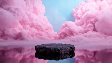 A surreal landscape with a stone platform and pink clouds.の素材