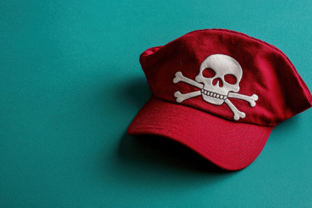 Red pirate hat with skull and crossbones on a teal background.の素材