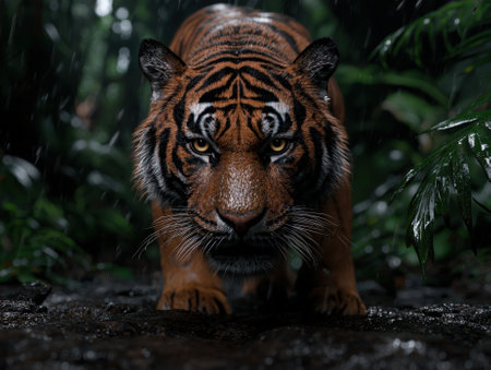 A striking tiger portrait in the jungle rain.の素材