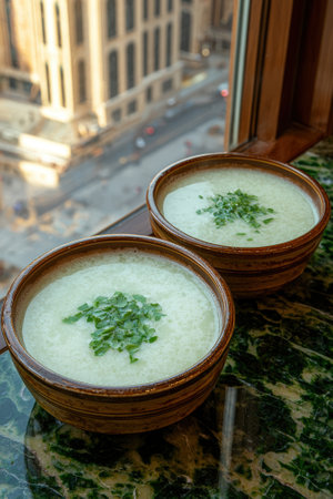 Two bowls of creamy soup with fresh herbs on a marble table near a window.の素材