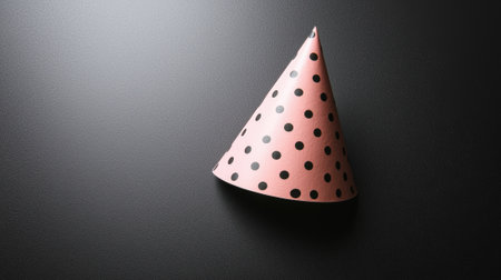 A pink party hat with black polka dots on a dark background.の素材
