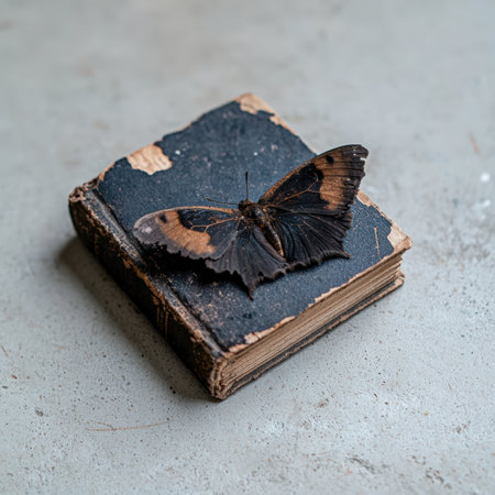 A butterfly rests on an old book.の素材
