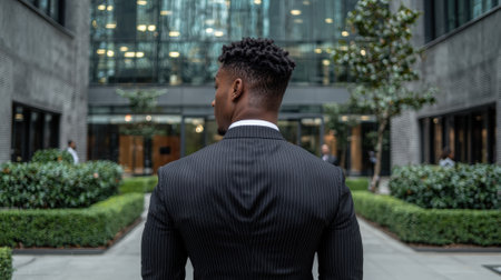 A businessman in a suit stands in a modern city environment.の素材