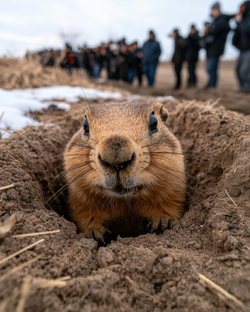 Close-up of a prairie dog emerging from its burrow with people in the background.の素材