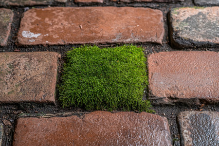 Close-up of moss growing between brick pavers.の素材
