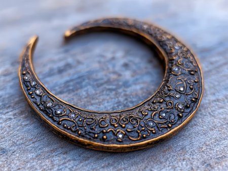Ornate crescent moon shaped jewelry with intricate details.の素材