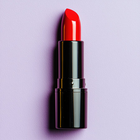 A tube of bright red lipstick on a purple background.の素材