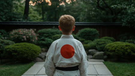 A young boy in a kimono stands in a Japanese garden.の素材