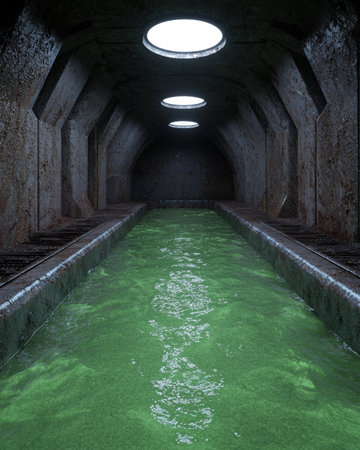 Underground tunnel with green liquid, illuminated by skylights.の素材